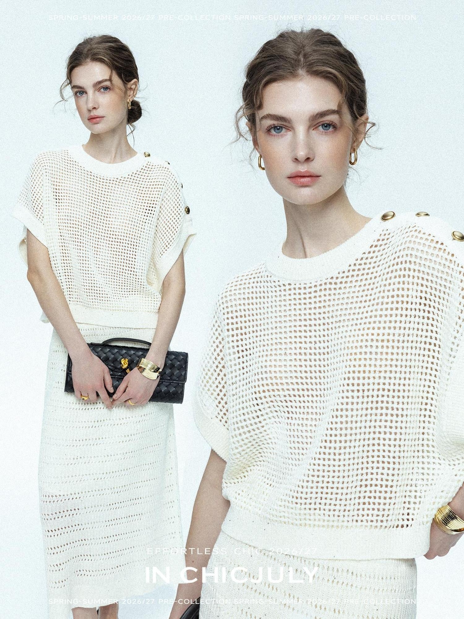 chicjuly Sequined Gold Buckle Minimalist Knitted Women's Linen Top & Skirt Sets