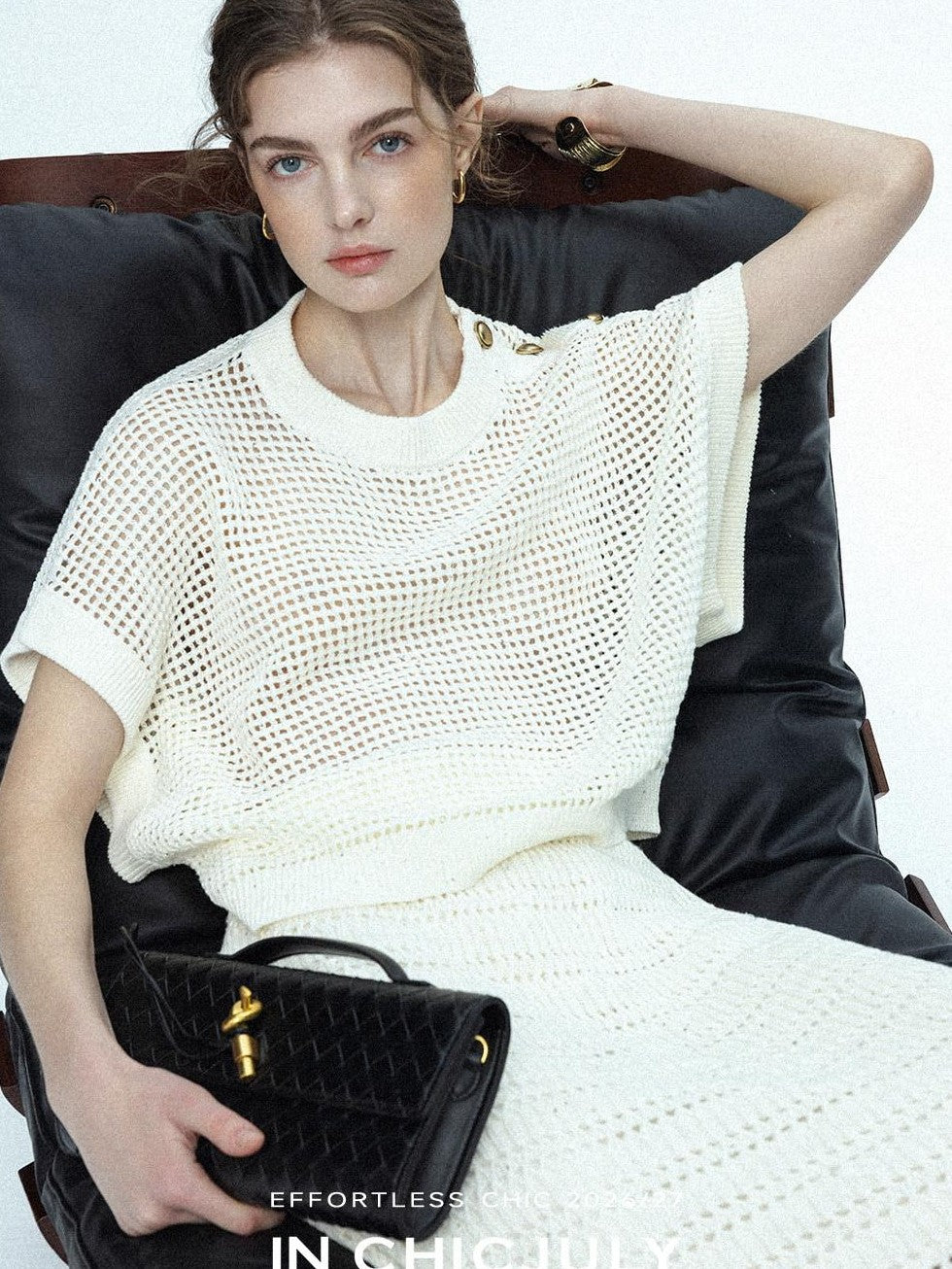 chicjuly Sequined Gold Buckle Minimalist Knitted Women's Linen Top & Skirt Sets