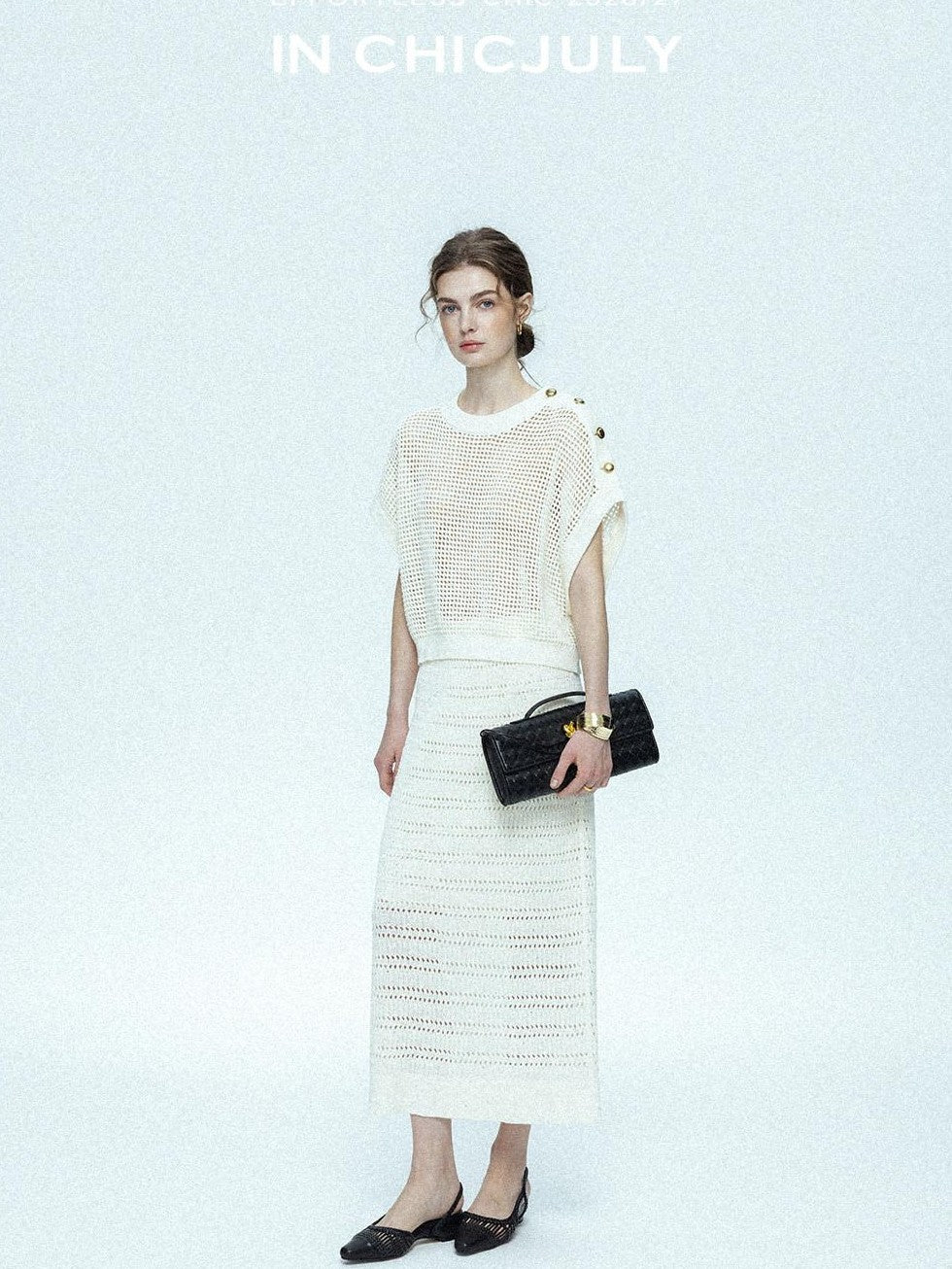 chicjuly Sequined Gold Buckle Minimalist Knitted Women's Linen Top & Skirt Sets