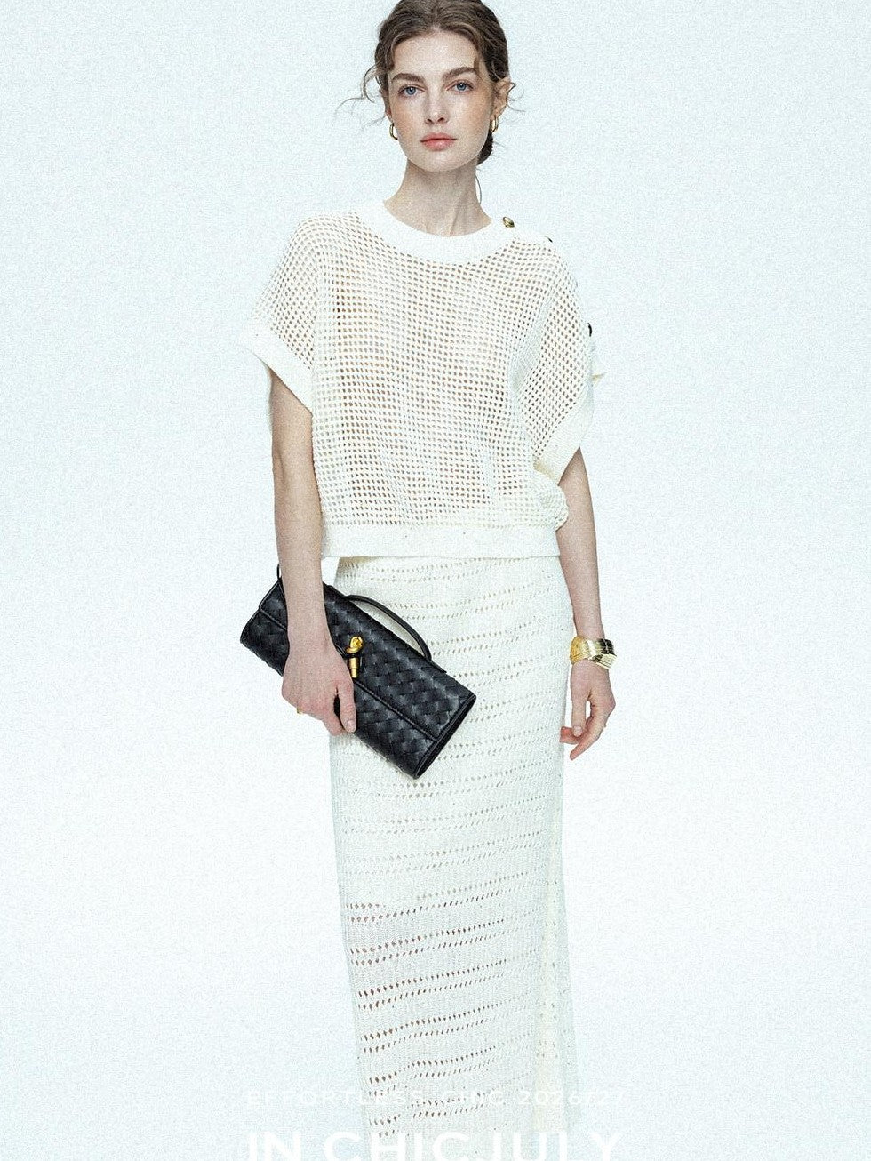 chicjuly Sequined Gold Buckle Minimalist Knitted Women's Linen Top & Skirt Sets