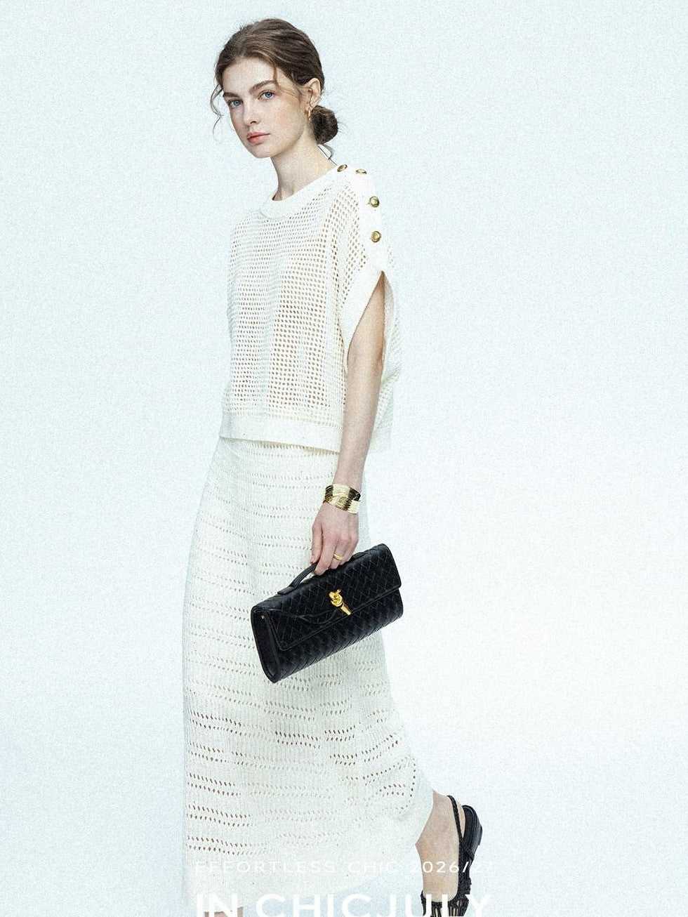 chicjuly Sequined Gold Buckle Minimalist Knitted Women's Linen Top & Skirt Sets
