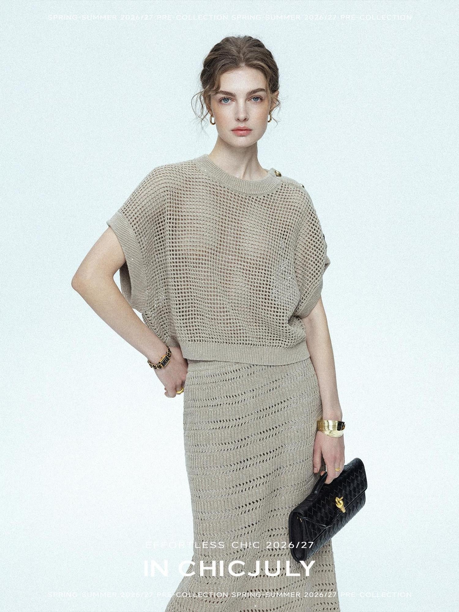 chicjuly Sequined Gold Buckle Minimalist Knitted Women's Linen Top & Skirt Sets
