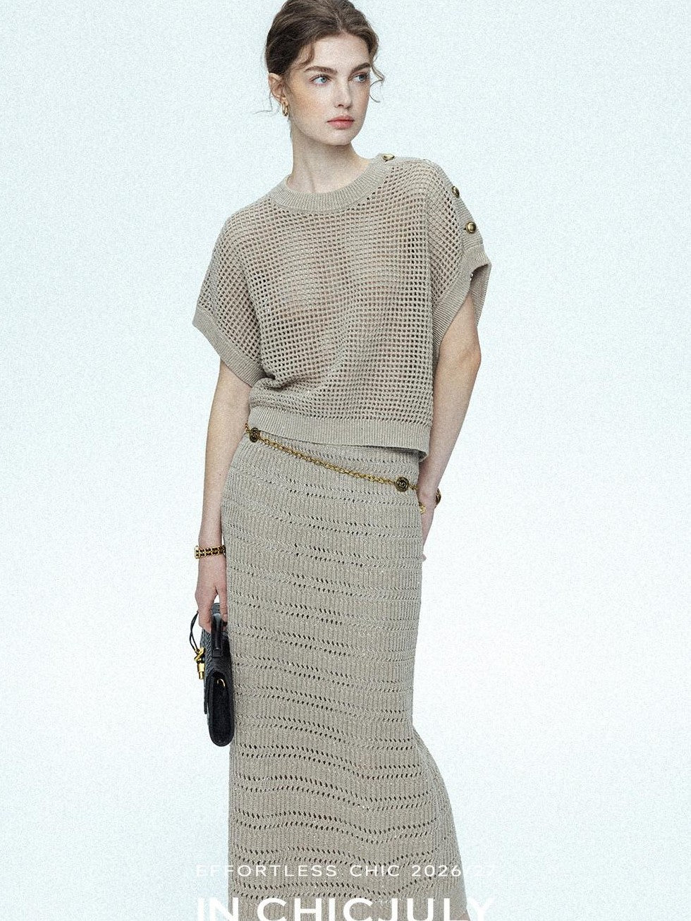 chicjuly Sequined Gold Buckle Minimalist Knitted Women's Linen Top & Skirt Sets