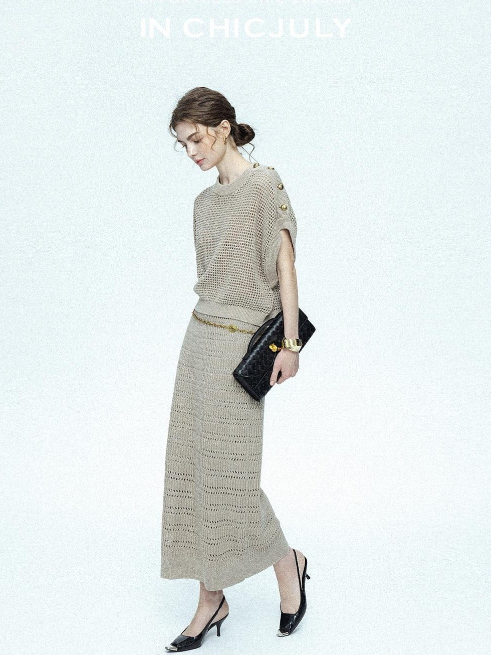 chicjuly Sequined Gold Buckle Minimalist Knitted Women's Linen Top & Skirt Sets