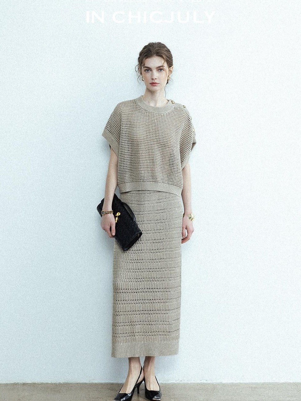 chicjuly Sequined Gold Buckle Minimalist Knitted Women's Linen Top & Skirt Sets