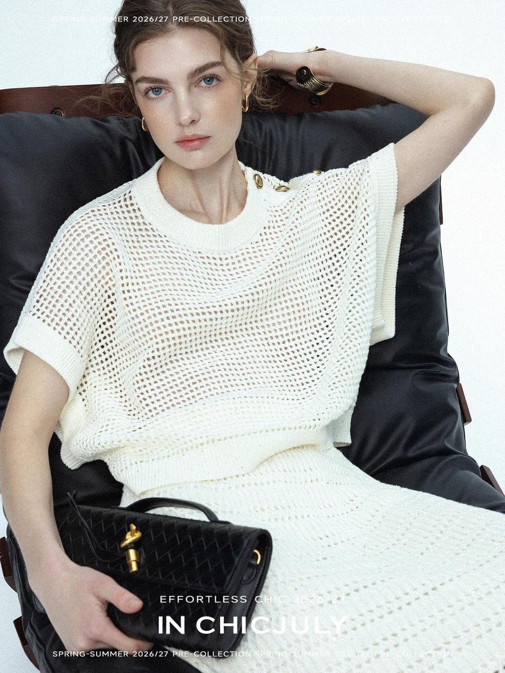 chicjuly Sequined Gold Buckle Minimalist Knitted Women's Linen Top & Skirt Sets