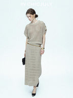 chicjuly Sequined Gold Buckle Minimalist Knitted Women's Linen Top & Skirt Sets