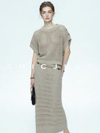 chicjuly Sequined Gold Buckle Minimalist Knitted Women's Linen Top & Skirt Sets