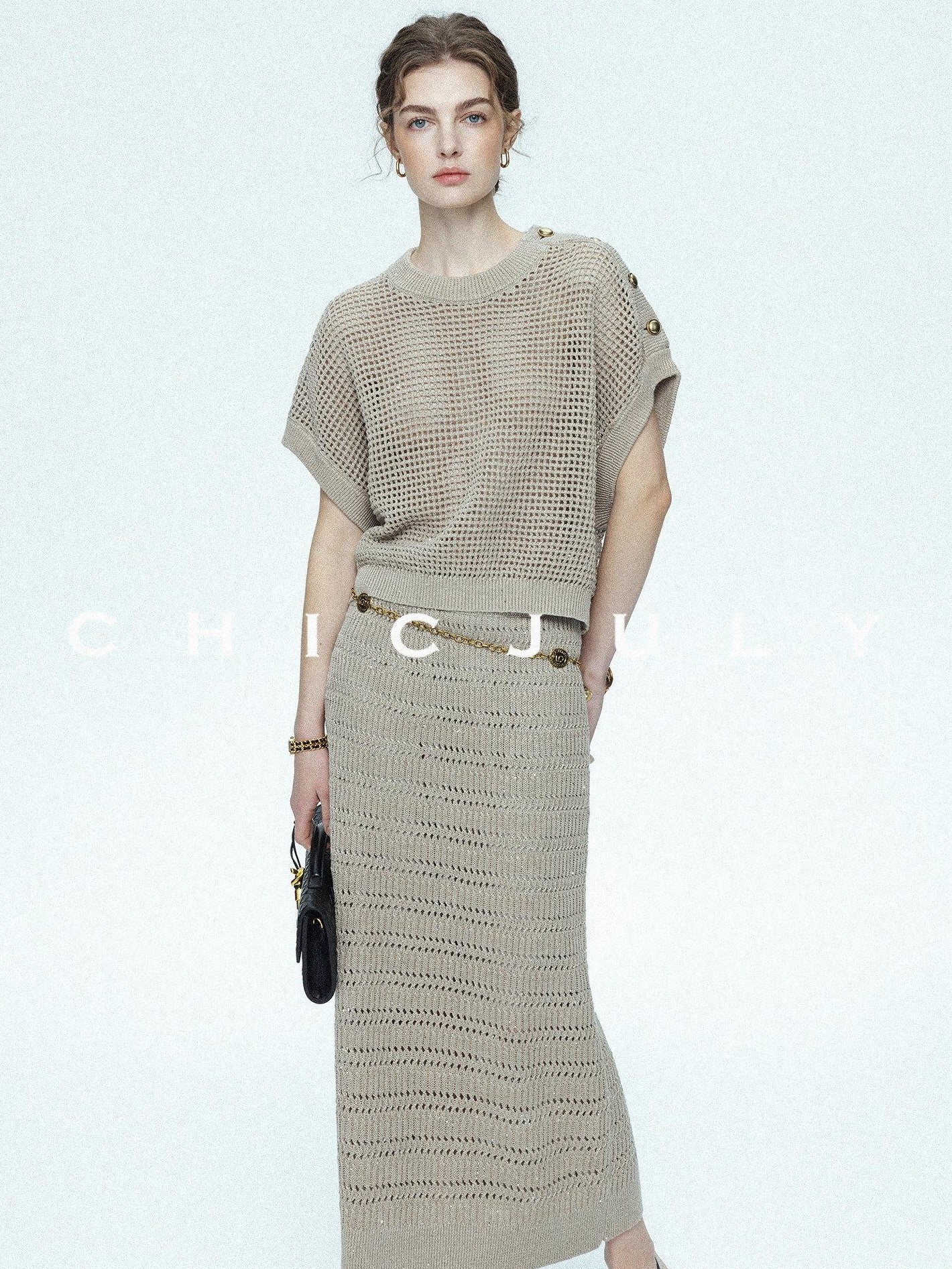 chicjuly Sequined Gold Buckle Minimalist Knitted Women's Linen Top & Skirt Sets