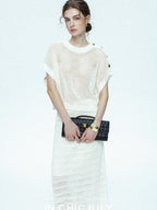 chicjuly Sequined Gold Buckle Minimalist Knitted Women's Linen Top & Skirt Sets