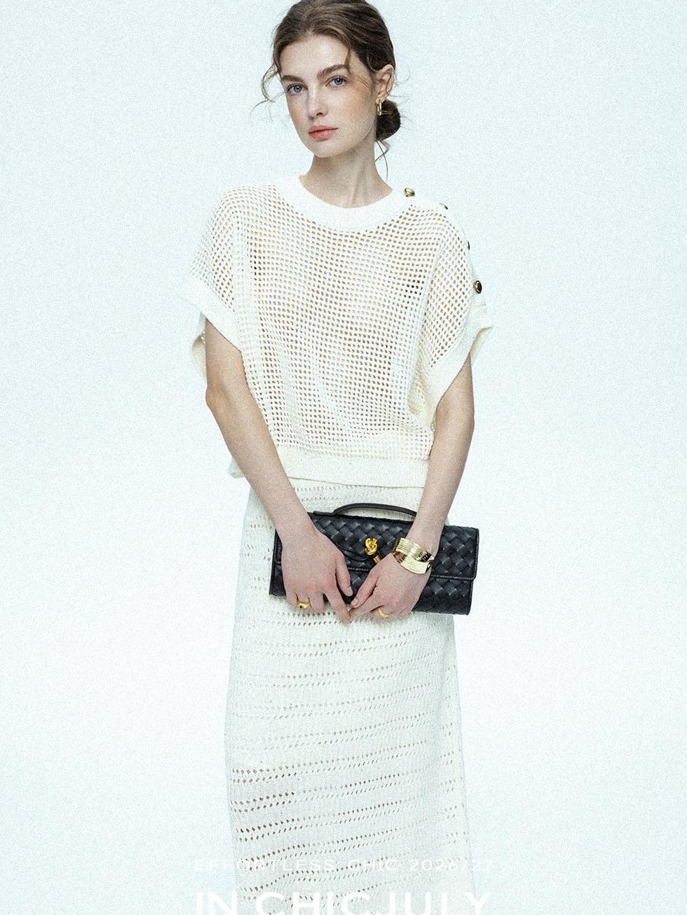 chicjuly Sequined Gold Buckle Minimalist Knitted Women's Linen Top & Skirt Sets