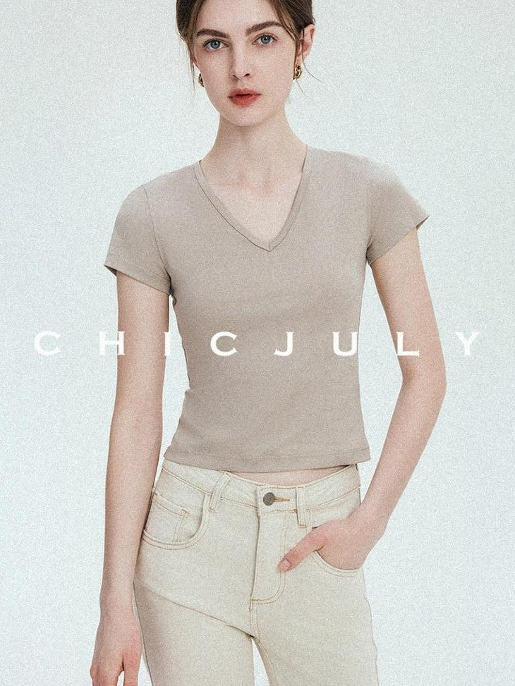 chicjuly Silky Sheen Breathable Round And V-neck Women's Cotton Short Sleeve T-shirts