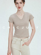 chicjuly Silky Sheen Breathable Round And V-neck Women's Cotton Short Sleeve T-shirts