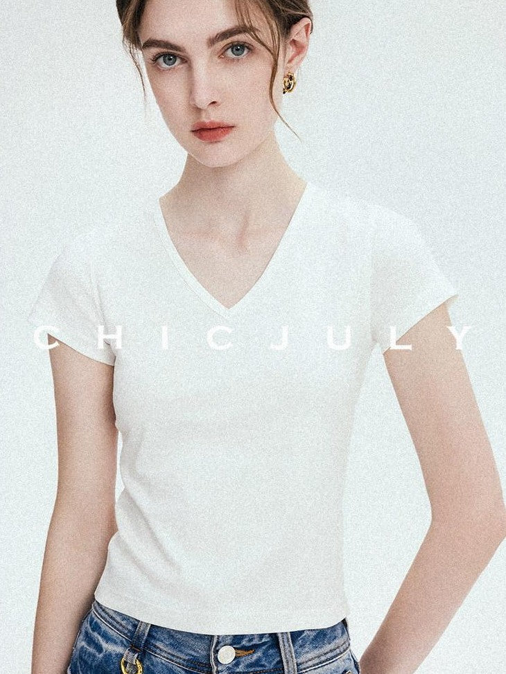 chicjuly Silky Sheen Breathable Round And V-neck Women's Cotton Short Sleeve T-shirts