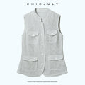 chicjuly Silver Glitter T Pocket Minimalist Women's Linen High Waist Top & Skirt Sets 1034164864509