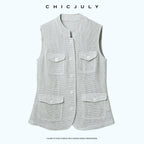 chicjuly Silver Glitter T Pocket Minimalist Women's Linen High Waist Top & Skirt Sets 1034164864509