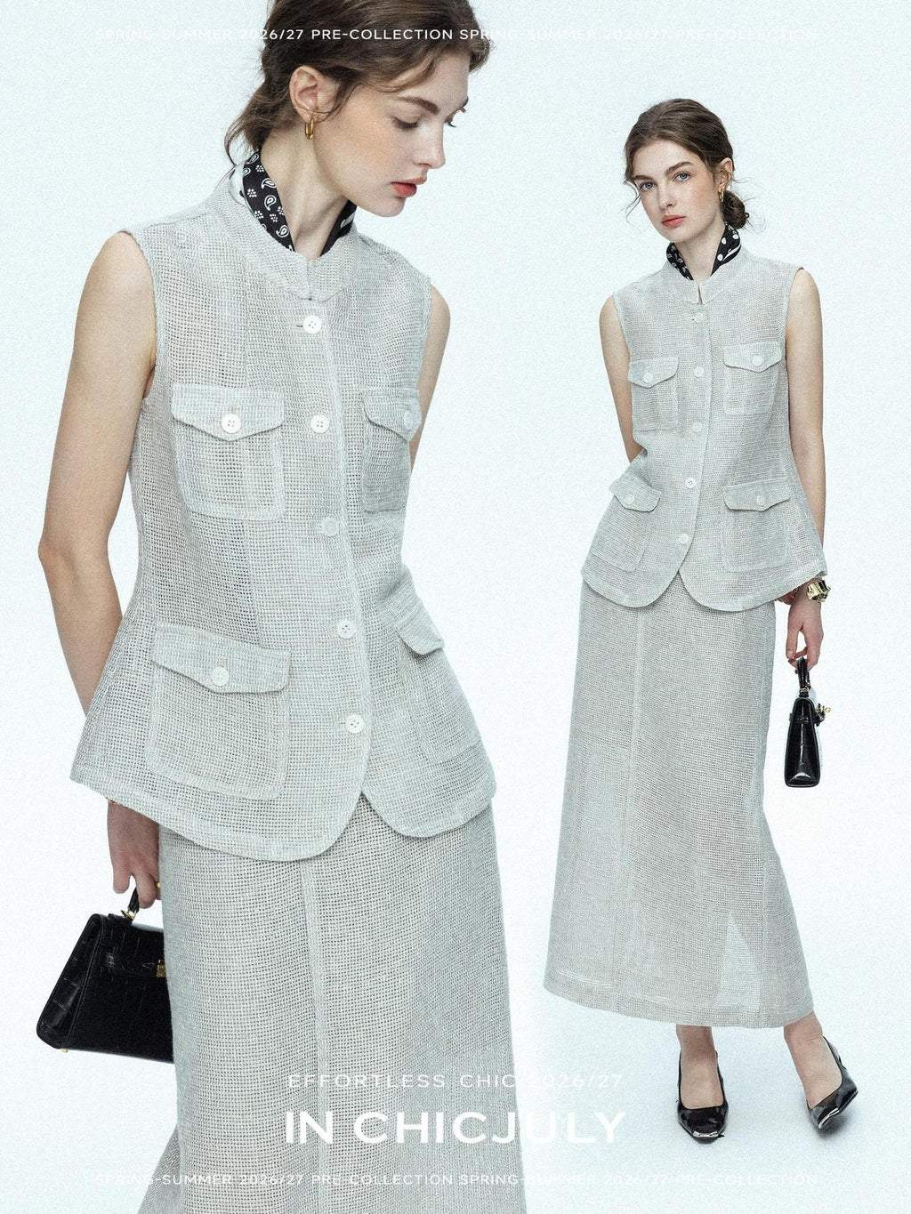 chicjuly Silver Glitter T Pocket Minimalist Women's Linen High Waist Top & Skirt Sets