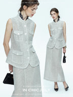 chicjuly Silver Glitter T Pocket Minimalist Women's Linen High Waist Top & Skirt Sets