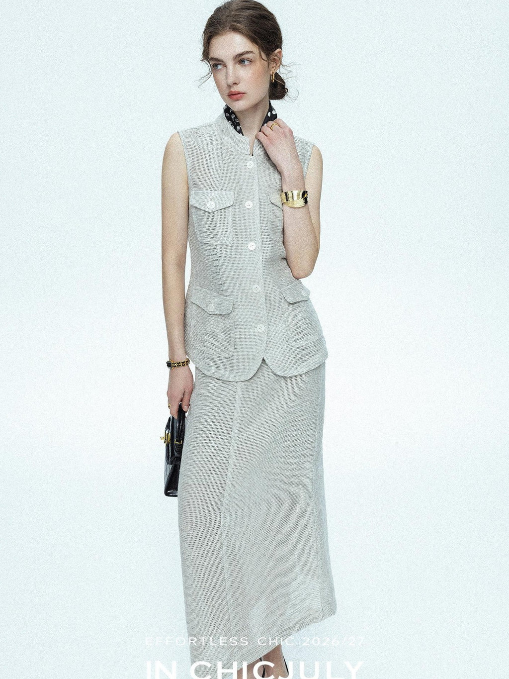 chicjuly Silver Glitter T Pocket Minimalist Women's Linen High Waist Top & Skirt Sets