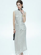 chicjuly Silver Glitter T Pocket Minimalist Women's Linen High Waist Top & Skirt Sets