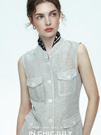 chicjuly Silver Glitter T Pocket Minimalist Women's Linen High Waist Top & Skirt Sets