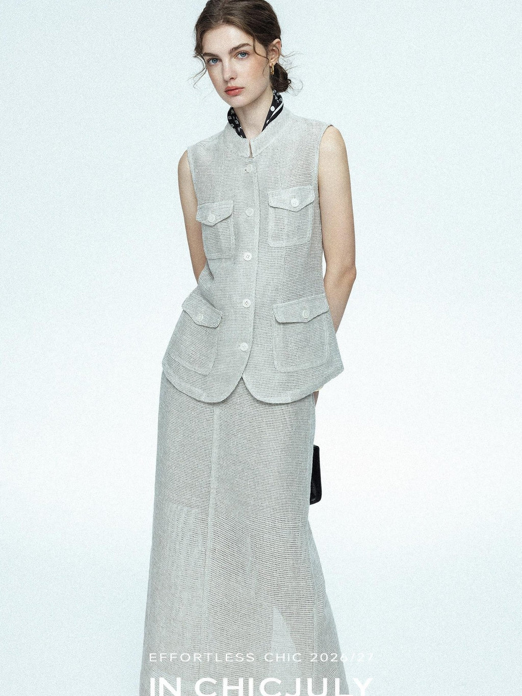 chicjuly Silver Glitter T Pocket Minimalist Women's Linen High Waist Top & Skirt Sets