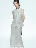 chicjuly Silver Glitter T Pocket Minimalist Women's Linen High Waist Top & Skirt Sets