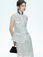 chicjuly Silver Glitter T Pocket Minimalist Women's Linen High Waist Top & Skirt Sets