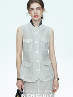 chicjuly Silver Glitter T Pocket Minimalist Women's Linen High Waist Top & Skirt Sets