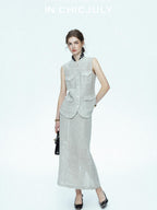 chicjuly Silver Glitter T Pocket Minimalist Women's Linen High Waist Top & Skirt Sets
