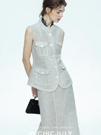 chicjuly Silver Glitter T Pocket Minimalist Women's Linen High Waist Top & Skirt Sets