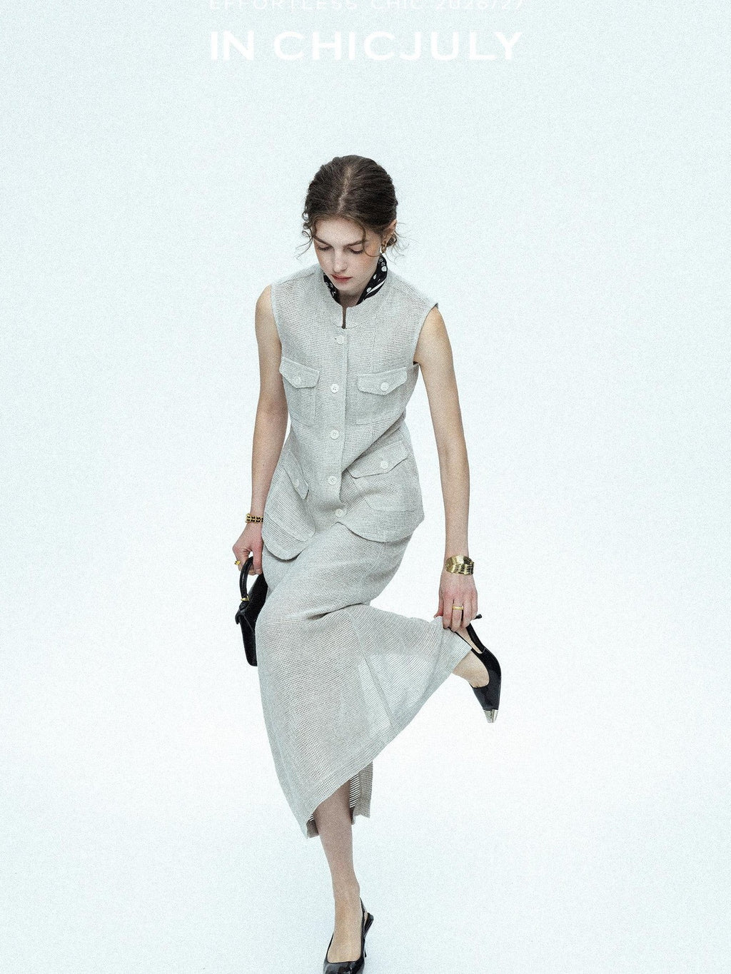 chicjuly Silver Glitter T Pocket Minimalist Women's Linen High Waist Top & Skirt Sets