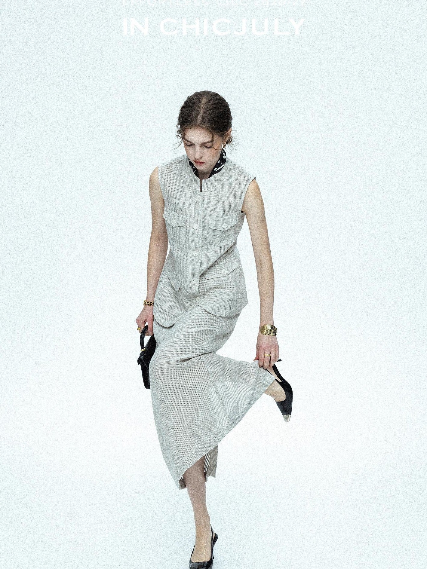 chicjuly Silver Glitter T Pocket Minimalist Women's Linen High Waist Top & Skirt Sets