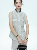 chicjuly Silver Glitter T Pocket Minimalist Women's Linen High Waist Top & Skirt Sets