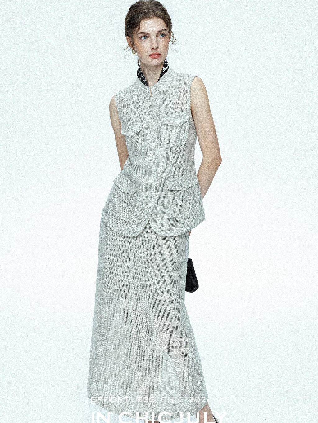 chicjuly Silver Glitter T Pocket Minimalist Women's Linen High Waist Top & Skirt Sets