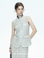 chicjuly Silver Glitter T Pocket Minimalist Women's Linen High Waist Top & Skirt Sets