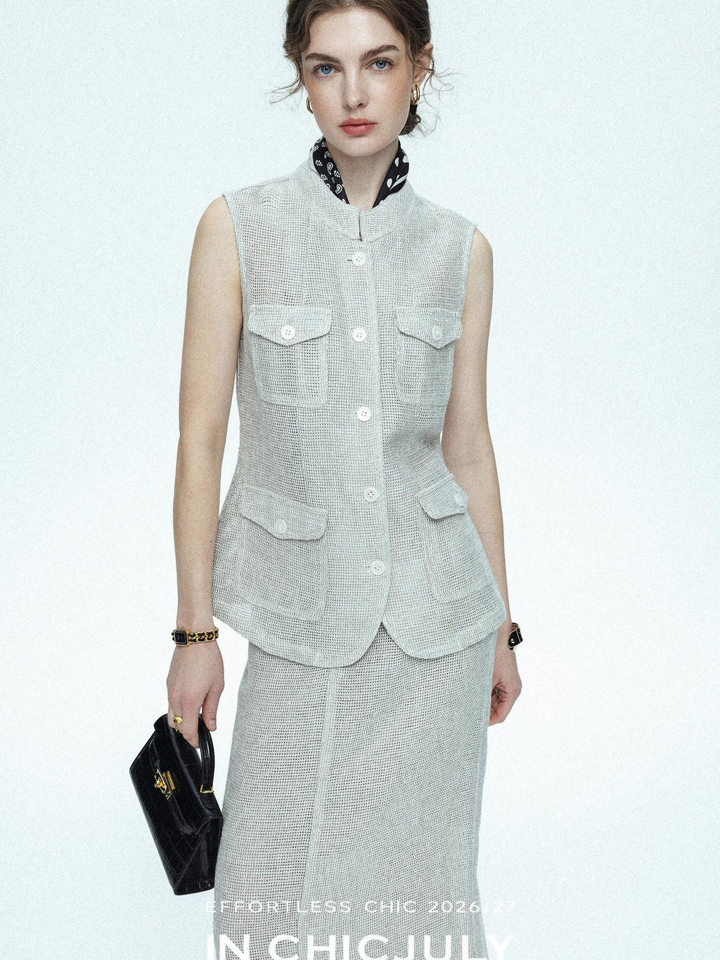 chicjuly Silver Glitter T Pocket Minimalist Women's Linen High Waist Top & Skirt Sets