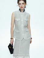 chicjuly Silver Glitter T Pocket Minimalist Women's Linen High Waist Top & Skirt Sets