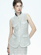 chicjuly Silver Glitter T Pocket Minimalist Women's Linen High Waist Top & Skirt Sets