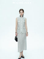 chicjuly Silver Glitter T Pocket Minimalist Women's Linen High Waist Top & Skirt Sets