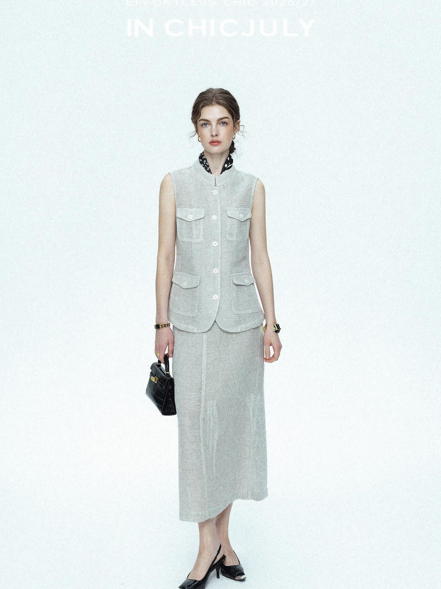 chicjuly Silver Glitter T Pocket Minimalist Women's Linen High Waist Top & Skirt Sets