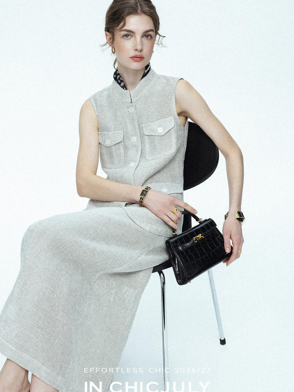 chicjuly Silver Glitter T Pocket Minimalist Women's Linen High Waist Top & Skirt Sets