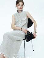 chicjuly Silver Glitter T Pocket Minimalist Women's Linen High Waist Top & Skirt Sets