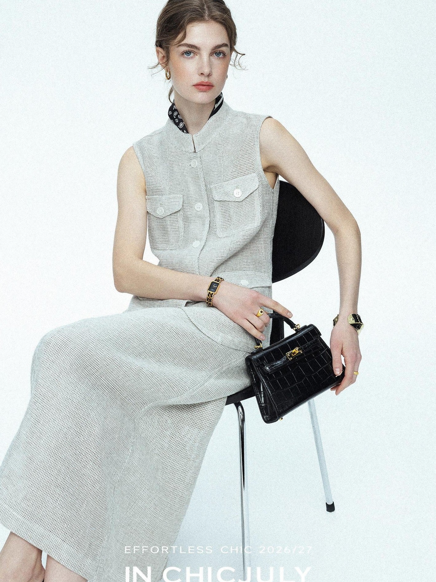 chicjuly Silver Glitter T Pocket Minimalist Women's Linen High Waist Top & Skirt Sets