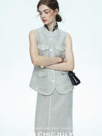 chicjuly Silver Glitter T Pocket Minimalist Women's Linen High Waist Top & Skirt Sets