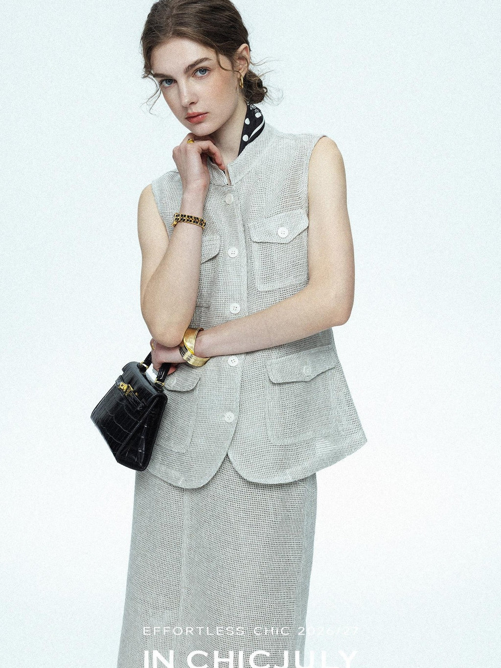chicjuly Silver Glitter T Pocket Minimalist Women's Linen High Waist Top & Skirt Sets