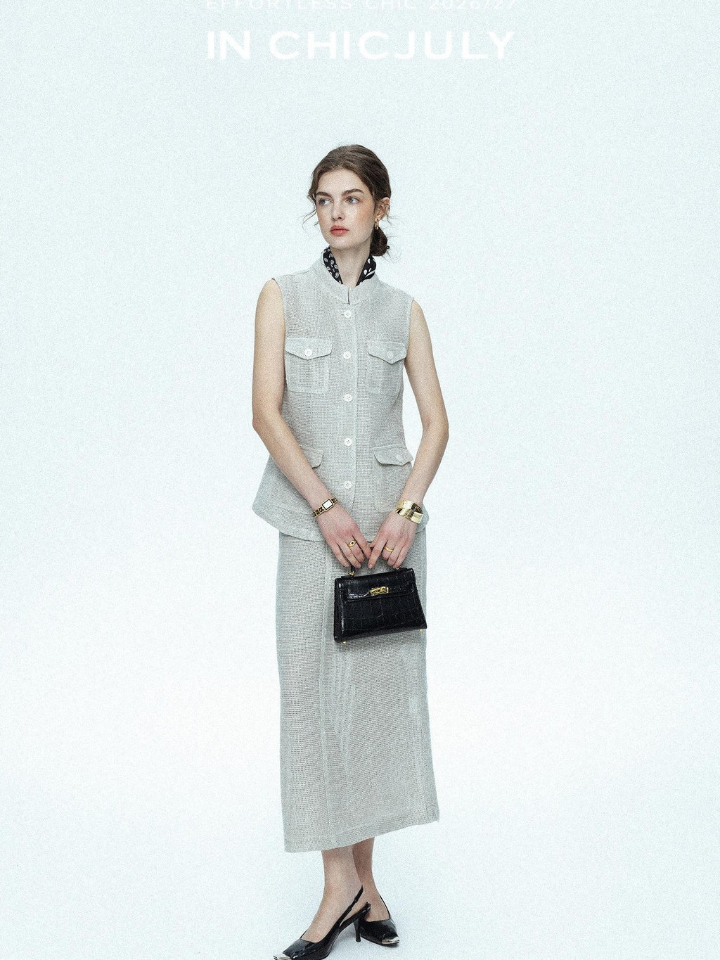 chicjuly Silver Glitter T Pocket Minimalist Women's Linen High Waist Top & Skirt Sets