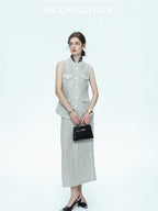 chicjuly Silver Glitter T Pocket Minimalist Women's Linen High Waist Top & Skirt Sets