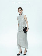 chicjuly Silver Glitter T Pocket Minimalist Women's Linen High Waist Top & Skirt Sets