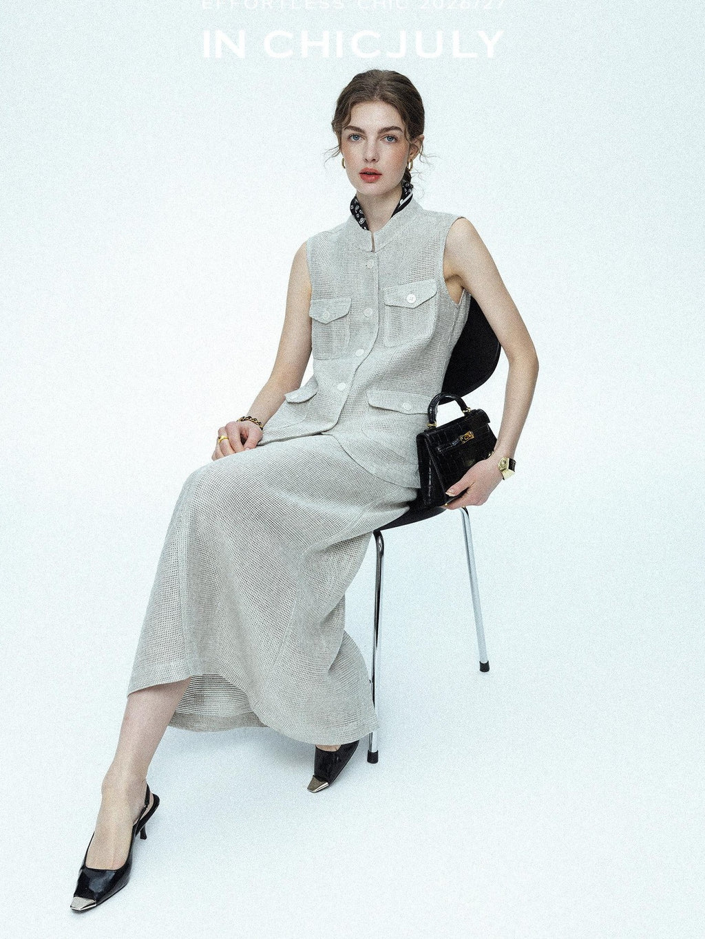 chicjuly Silver Glitter T Pocket Minimalist Women's Linen High Waist Top & Skirt Sets